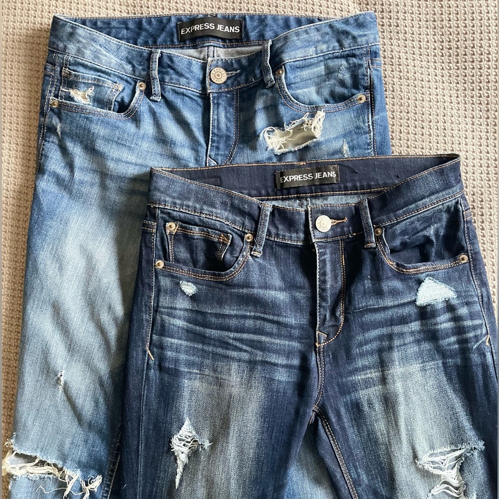 2x1 Express Women's Light and Dark Blue Distressed Jeans
